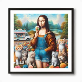 Mona Lisa Eating Ice Cream in the Park with Cats Art Print