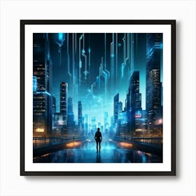 Ai Encapsulates A Futuristic Cityscape Algorithms Visualized As Glowing Streams Flowing Into Encryp Art Print