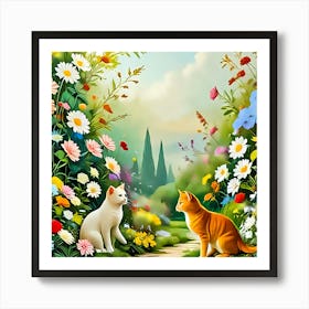 Cats In The Garden Art Print