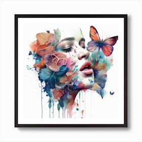 Watercolor Floral Woman Face #1 Art Print