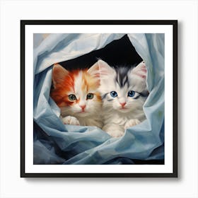 Two Kittens Peeking Out Of Blue Cloth Art Print