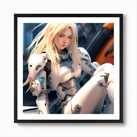 3d Dslr Photography A Woman With Long Blonde Hair Sitting On The Ground, Cyberpunk Art, By Krenz Cushart, Wears A Suit Of Power Armor, Closeup Character Portrait, Cute Detailed Digital Art, Artgerm And Lois V (2) Art Print