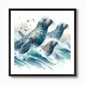 Sea Seals In Motion, Sea Seals Watercolour Art Print 2 Art Print