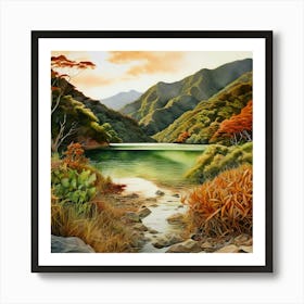 Watercolour Landscape Marlborough Sounds Earthy Tones Art Print