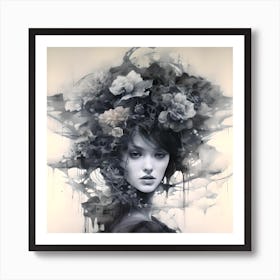 Ink & Watercolour Girl With Floral Hair, Surreal Witch Art Print