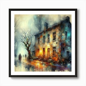 Enigmatic Night: A Tree-Laden Old House Wall - Inspired by Schaller and Merriam, Embracing Digital Art Trends. Art Print