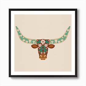 Floral Longhorn   Brown And Turquoise Square Poster