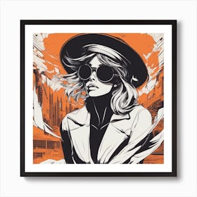 A Silhouette Of A Bycical Wearing A Black Hat And Laying On Her Back On A Orange Screen, In The Styl Art Print