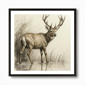 Stag By The Water Art Print