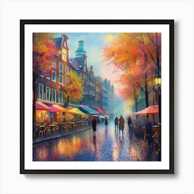 Amsterdam cafes, autumn season, rain, autumn oil colours.Faded colours,People passing on the street, winter clothes, rain umbrellas.8 Art Print