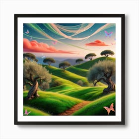 Landscape With Trees And Butterflies Art Print