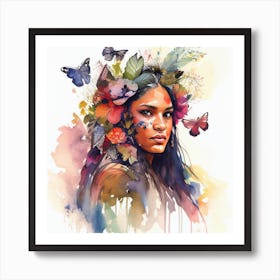 Watercolor Floral Indian Native Woman #5 Art Print