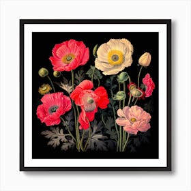 Poppies On Black Background Art Print