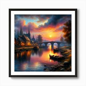 Sunset By The River With A Village And Stone Bridge, Oil Painting Art Art Print