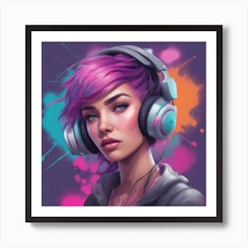 Girl With Purple Hair And Headphones Art Print