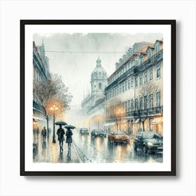 Captivating Watercolor and Ink Sketch: Enchanting Street Scene in Lisbon Amidst Rain by the Tejo River. Art Print