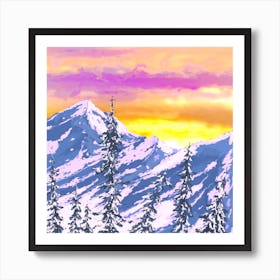 Snowy Mountains At Sunset, landscape, trees, illustration, wall art Art Print