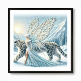 Fairy walking with a white leopard Art Print