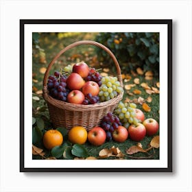 A Wicker Basket Filled With An Abundance Of Ripe Fruits Like Apples, Oranges And Grapes Arranged Neatly On The Ground Surrounded By Leaves Art Print