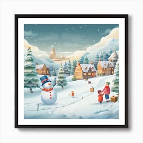 Snowman In The Village 1 Art Print