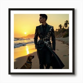 Man And His Dog On The Beach Art Print