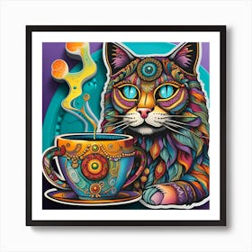 Cat With A Cup Of Coffee Whimsical Psychedelic Bohemian Enlightenment Print 6 Art Print