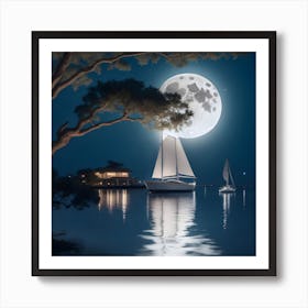 Full Moon Over Sailboats Art Print