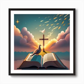 A Bible, cross with beautiful sky view Art Print