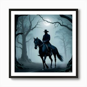 A Solitary Horseman Rides A Majestic Black Stallion Through A Misty, Moonlit Forrest Art Print