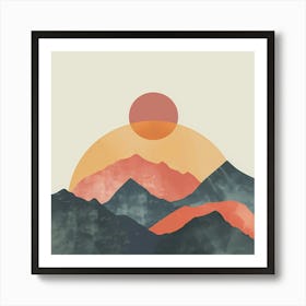 A Hand Drawn Pastel Minimalist Illustration Of A Sunset In The Mountains Art Print