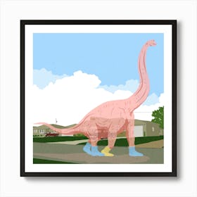 Pink dinosaur ghost, surreal, street scene, illustration, wall art Art Print