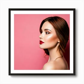 Firefly Elegance In Profile Woman With Brown Eyes And Red Lips On Rosé Background 20525 Art Print