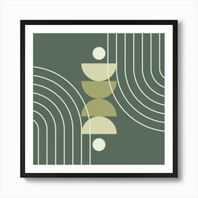 Modern Mid Century Sun, Moon Phases and Rainbow Abstract 33 in Forest Sage Green Art Print