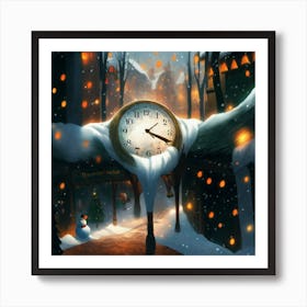 Clock In The Snow Christmas Art Print