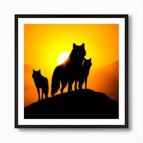 Silhouette Of Wolves At Sunset Art Print