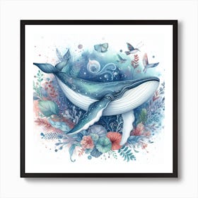 Sea Whale In Motion, Sea Whale Watercolour Art Print 2 Art Print