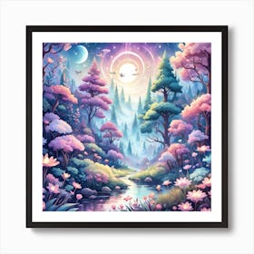 A Fantasy Forest With Twinkling Stars In Pastel Tone Square Composition 444 Art Print