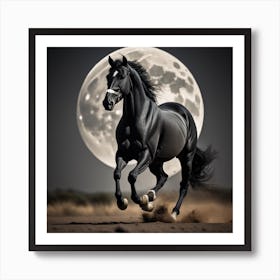Black Horse Galloping In The Moonlight Art Print