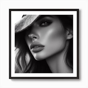 The Girl In The Hat 4/4 (beautiful female lady model black and white portrait close up face) Art Print