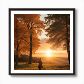 Woman Walking Through The Forest At Sunset Art Print