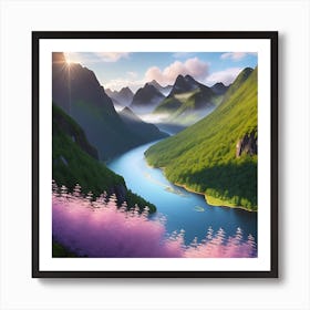 Landscape Of Mountains And Flowers Art Print