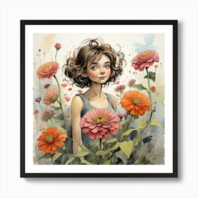 Zinnia Floral Quentin Blake Inspired Illustration Flo Art Print