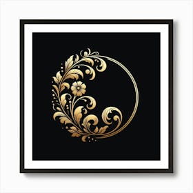 A golden circle of leaves and flowers on a black background, reminiscent of a vintage botanical illustration. Art Print