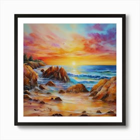 Artwork, oil colors, sea and sunset, seashore, beach rocks.San Francisco, USA.7 Art Print