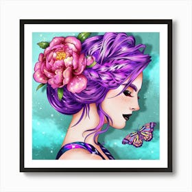 Girl With Purple Hair And A Butterfly Art Print