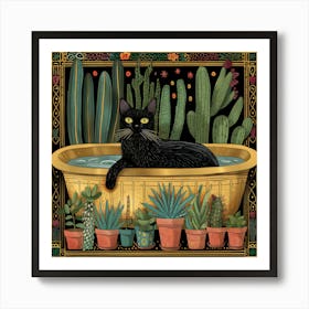 Gold Line Drawing of a Black Cat in a Bathtub, Houseplants, Botanical Art Print