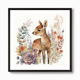 Watercolor Forest Cute Baby Deer Art Print