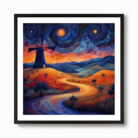 Windmill At Night Art Print