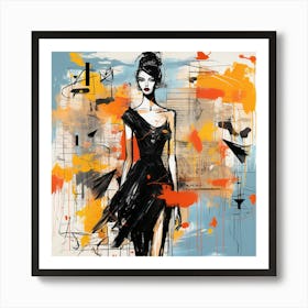 Fashion Girl In Black Dress Art Print