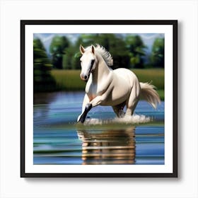 White Horse Running In Water 8 Art Print